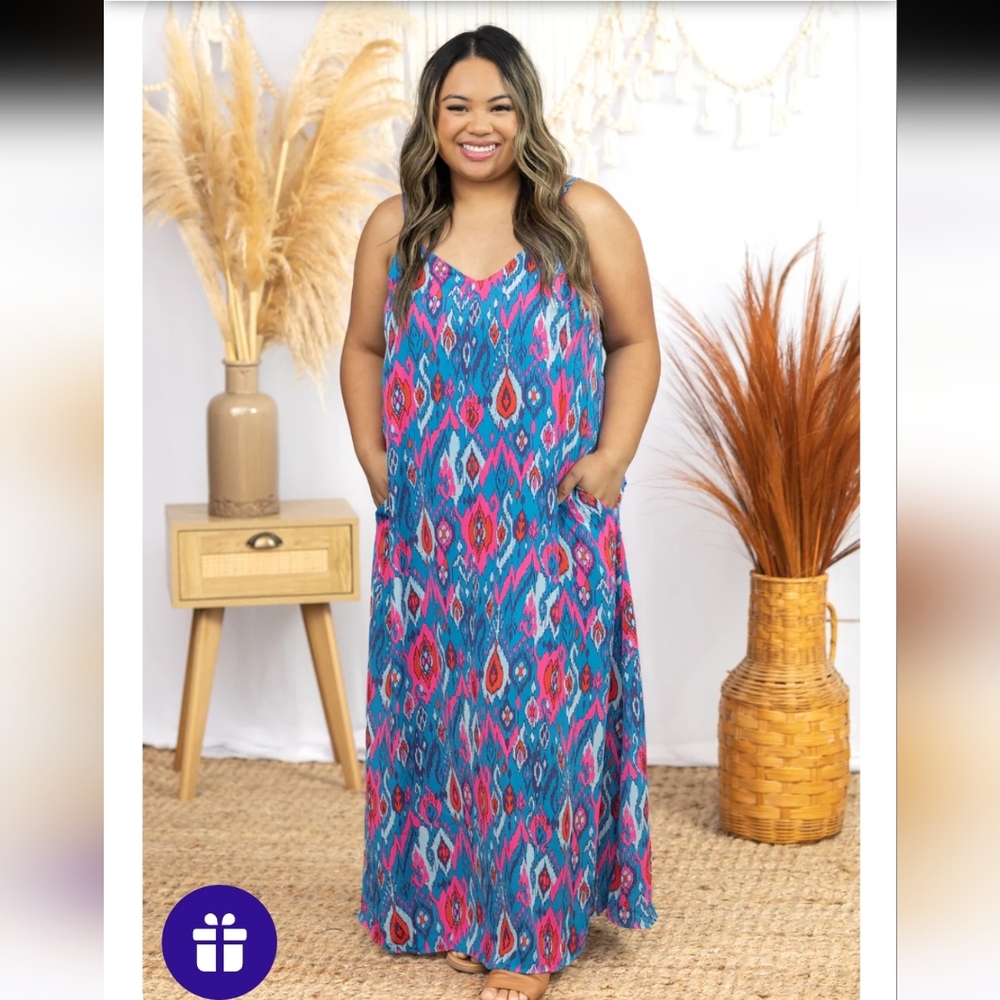 Sleeveless Teal & Pink Printed Maxi Dress with Pockets